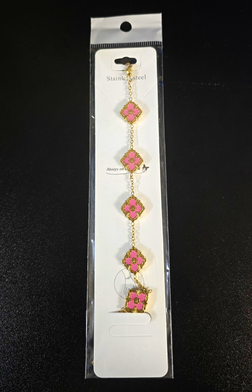 Stainless Steel Gold Tone Pink Enamel Clover Dangle Cable Chain Bracelet